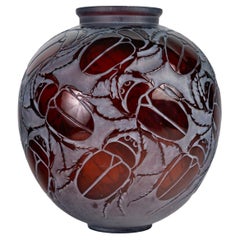1923 Rene Lalique - Vase Gros Scarabees Bettles Red Amber Glass White Patina
