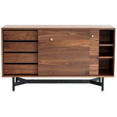 Ac10 Walnut Dresser Console with Drawers, Steel Base and Bronze Accents