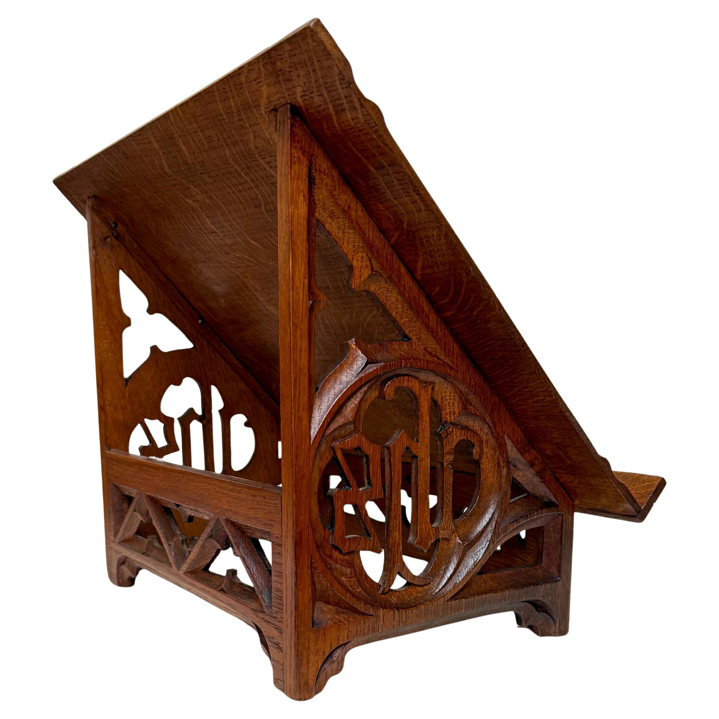 Antique Carved Oak Gothic Revival Bible Stand / Church Book Stand w IHS Symbols For Sale