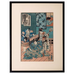 Stampa su legno giapponese del XIX secolo con cornice raffigurante gli attori Kabuki Toyokuni III