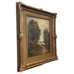 Antico dipinto di paesaggio firmato originale del 1914, circa 1920, con cornice dorata.