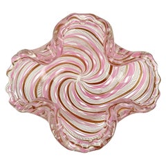 Fratelli Toso Murano Pink White Copper Aventurine Ribbons Italian Art Glass Bowl