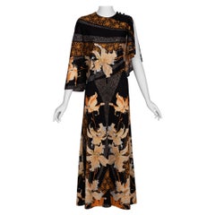 1970s Mac Tac of Paris Floral Printed Nylon Jersey Cape Dress