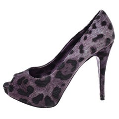 Dolce & Gabbana - Pompe con punta aperta in tela con stampa leopardata viola/nera - Taglia 37