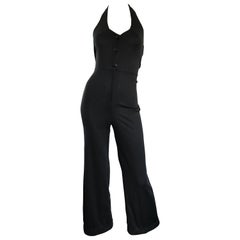 1970s Sexy Black Jersey Flare Leg Bell Bottom 70s Vintage Disco Halter Jumpsuit