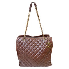 Rare Chanel 1990s Brown Jumbo XL Lambskin Vintage 90s Tote Shoulder Bag Purse