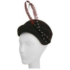 1950 Brown Felt hat with Feather and Rhinestone Embellishment