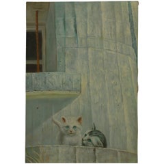 Pittura a olio vintage "Gattini sul balcone