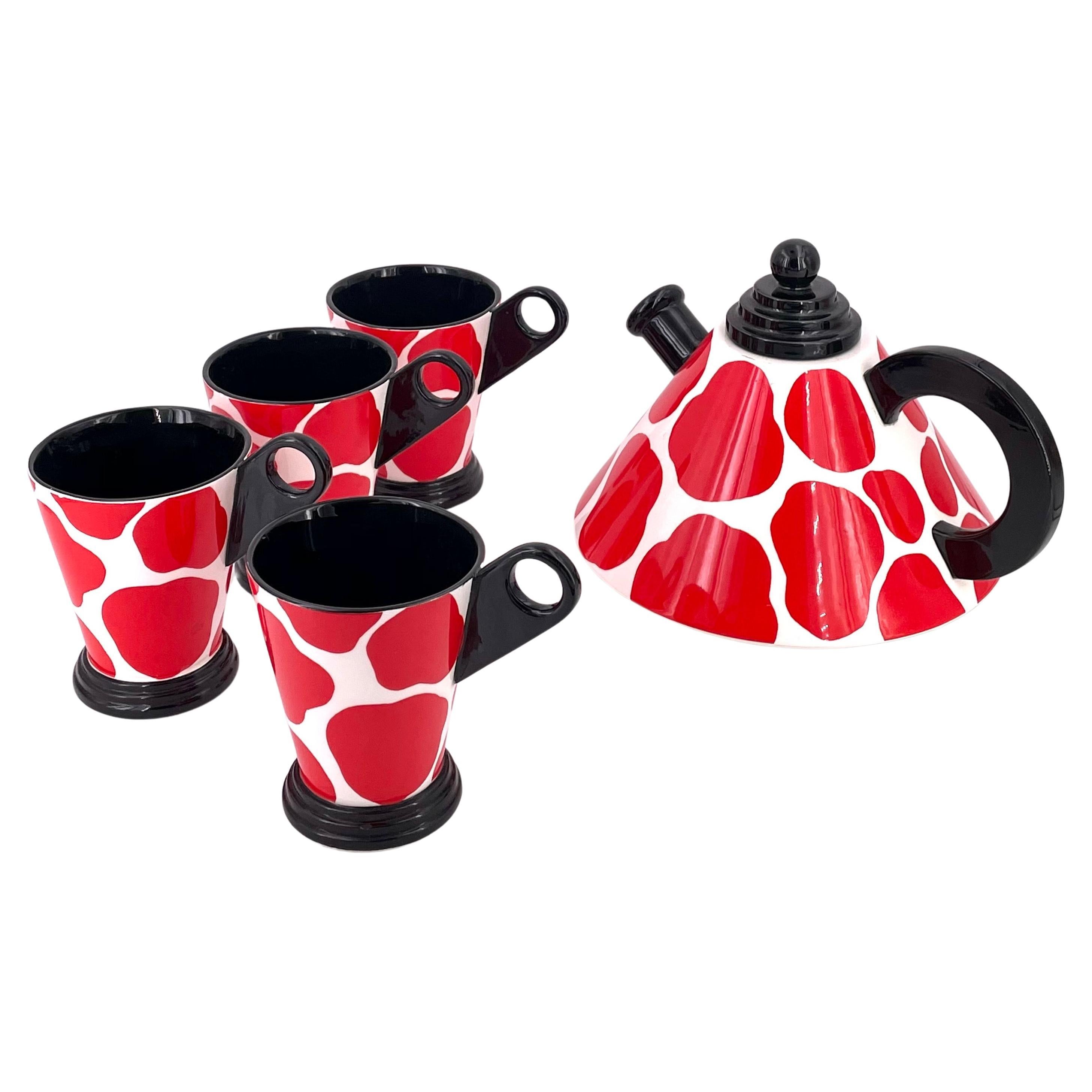 Memphis Postmodern Porcelain Teapot and Cups by Fitz & Floyd, 1985