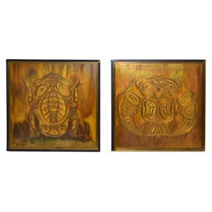 Set 2 Bernhard Rohne Vintage Acid Etched Brass Owl & Frog Panel Framed Fine Art