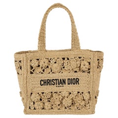 CHRISTIAN DIOR natural raffia 2023 FLORAL SMALL BOOK TOTE Bag