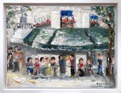 "Les Deux Magots" Parisian Plein Air Street Scene Oil Painting on Canvas Framed
