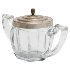 Azucarero victoriano antiguo con tapa de metal y cristal de principios del siglo XX