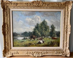 Impressionist English landscape with cows, trees during the Summertime