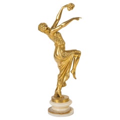 Scultura in bronzo dorato con base in onice di Joe Descomps, 1900, Art Nouveau.