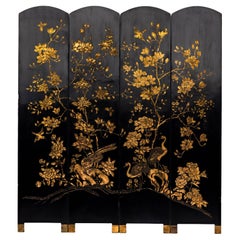 Gold and Black Lacquered Four-Panel Folding Screen with Birds and Blossoms