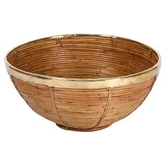 Huge Basket in Curved Rattan, Brass and Wicker by Vivai del Sud, Italy 1970s