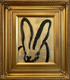 "Golden Place" Black Outline Bunny on Gold Background Oil Painting Framed