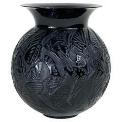 Lalique France “Nymphale” Black Crystal Vase, post-1945