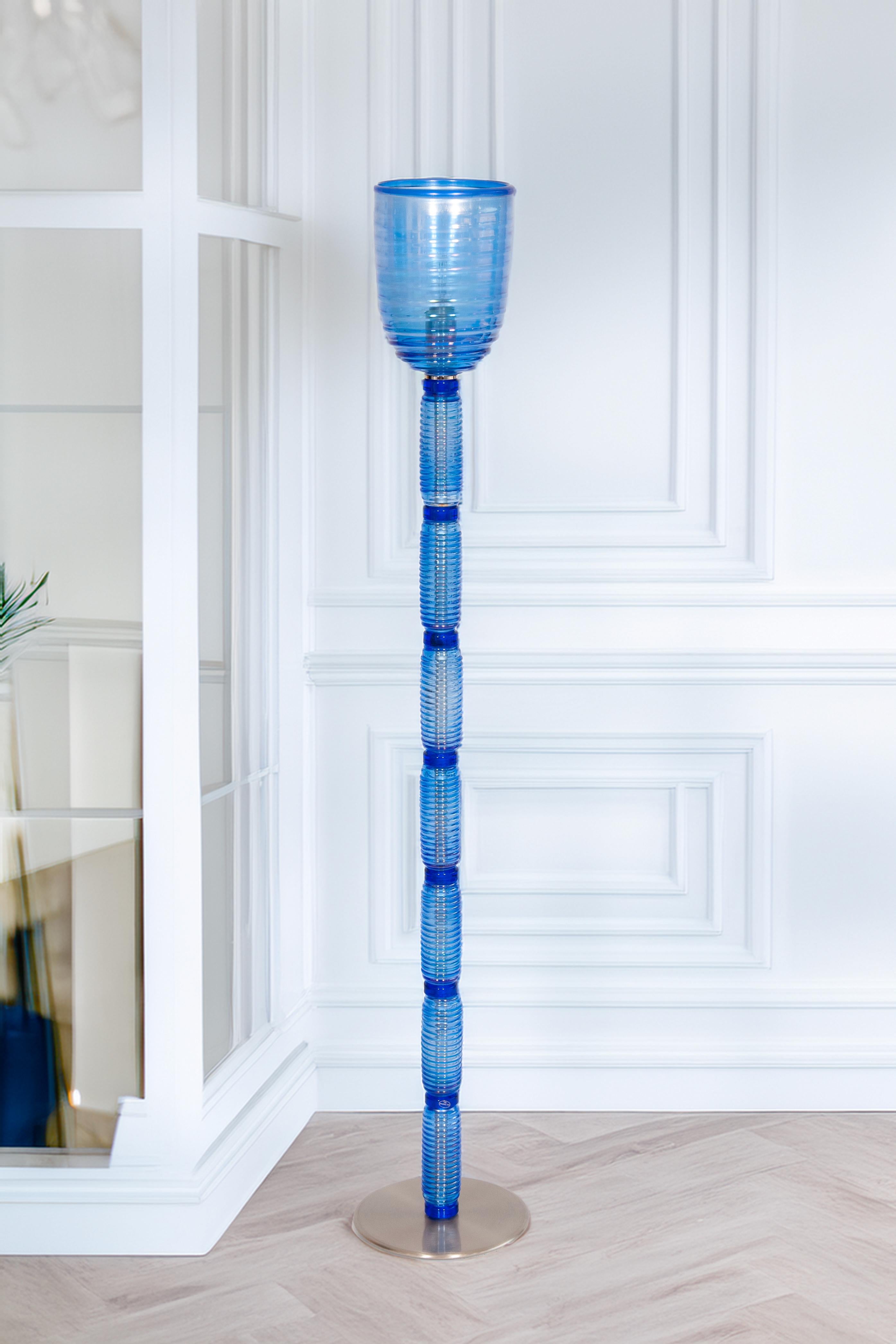 Vintage Murano Gallery: Iconic 1990 Blue Ribbed Glass Floor Lamp For Sale 4