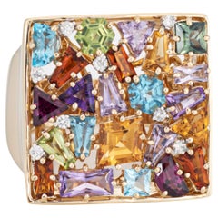 Rainbow Mosaic Ring Estate 14k Yellow Gold Peridot Citrine Garnet Square Signet