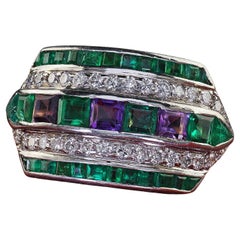 Vintage Retro Maurice Tishman 18K Gold Platinum Diamond Emerald Amethyst Ring